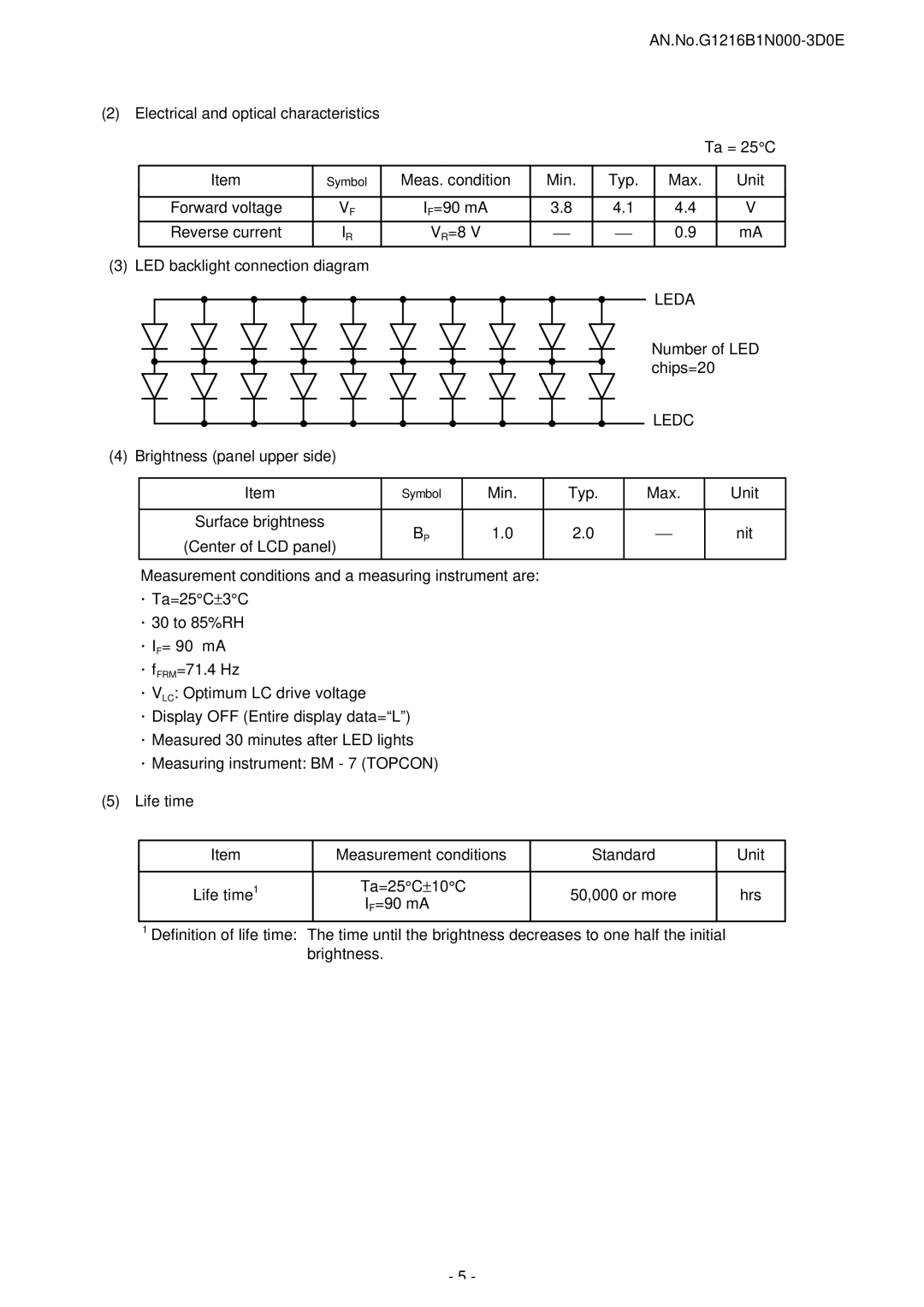 Seiko Instruments G1216B1N000 user manual Leda, Number of LED, Chips=20, Ledc, Brightness panel upper side 