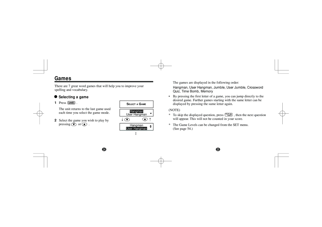 Seiko Instruments Seiko Oxford English Spellchecker, ER1100 operation manual Games, Selecting a game 