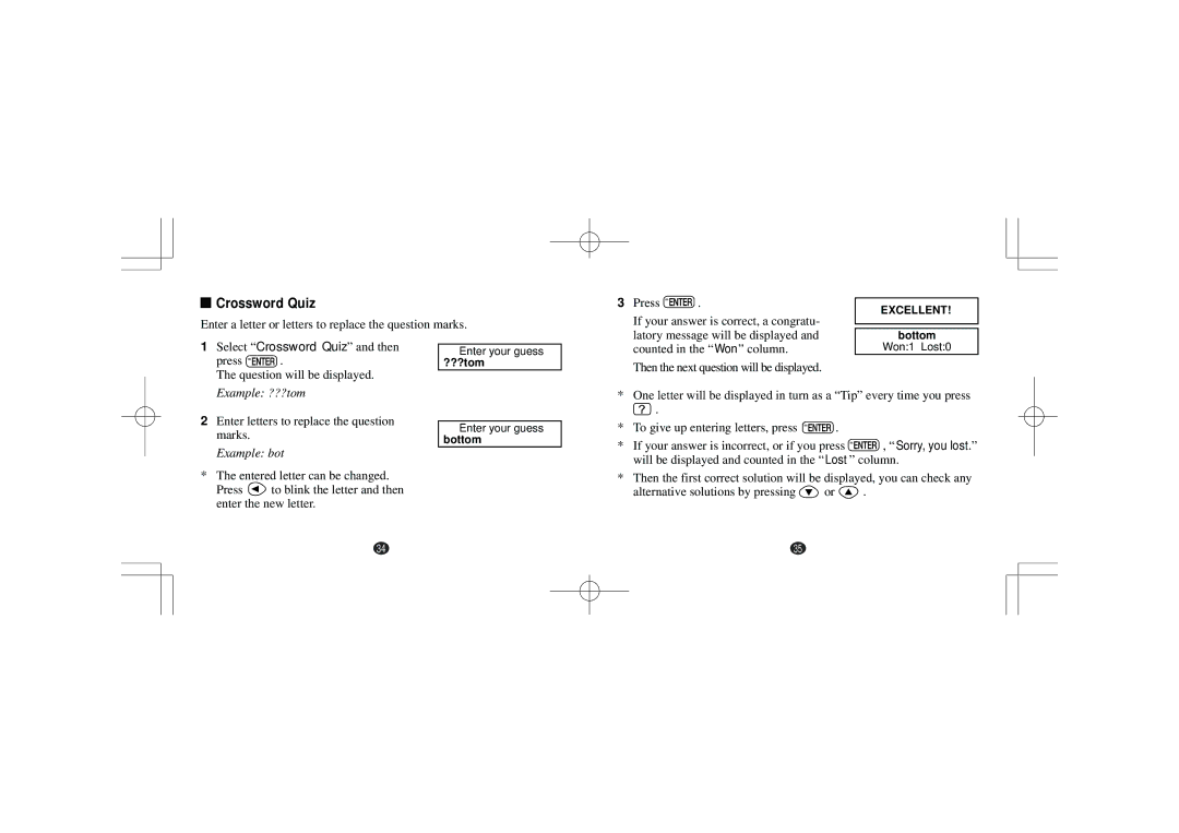 Seiko Instruments ER1100, Seiko Oxford English Spellchecker operation manual Crossword Quiz, Example ???tom, Example bot 