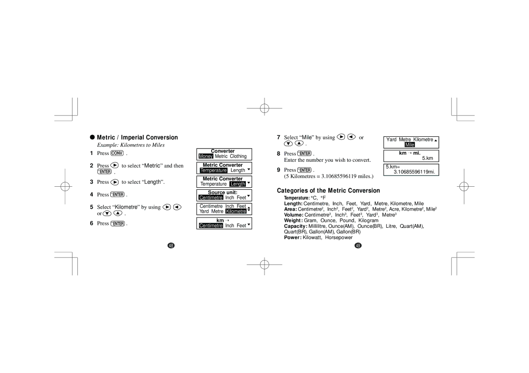 Seiko Instruments Seiko Oxford English Spellchecker Metric / Imperial Conversion, Categories of the Metric Conversion 