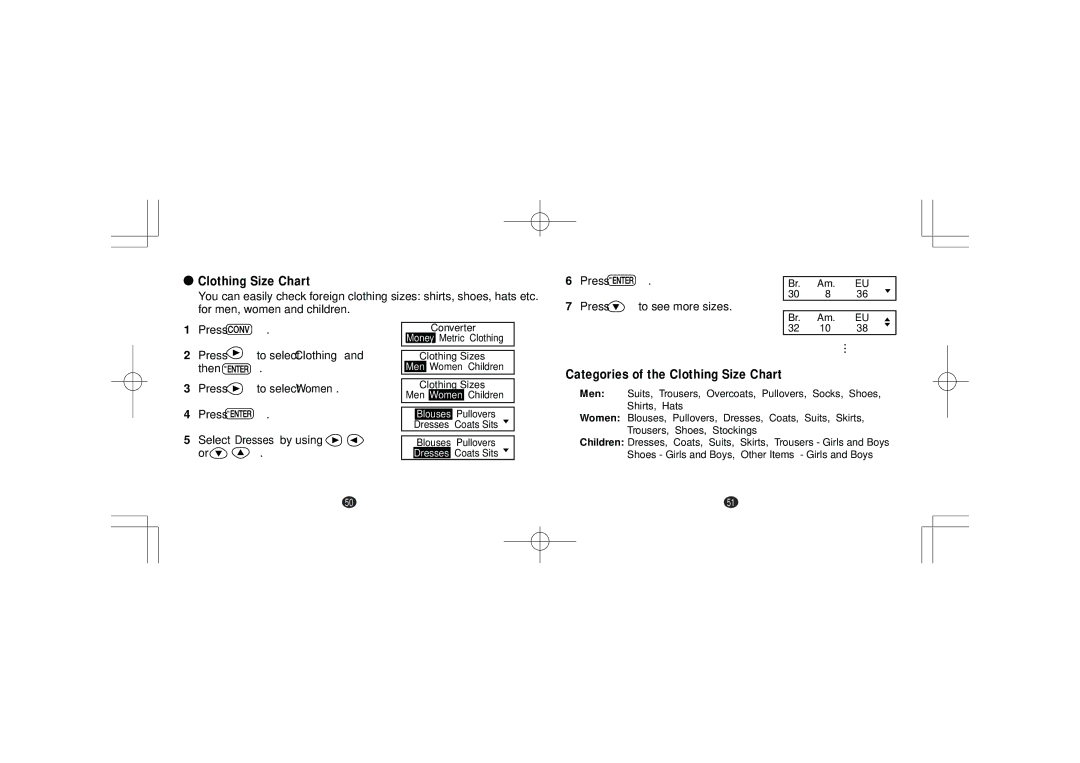 Seiko Instruments ER1100 operation manual Clothing Size Chart, Press Press to select Clothing Then Press to select Women 