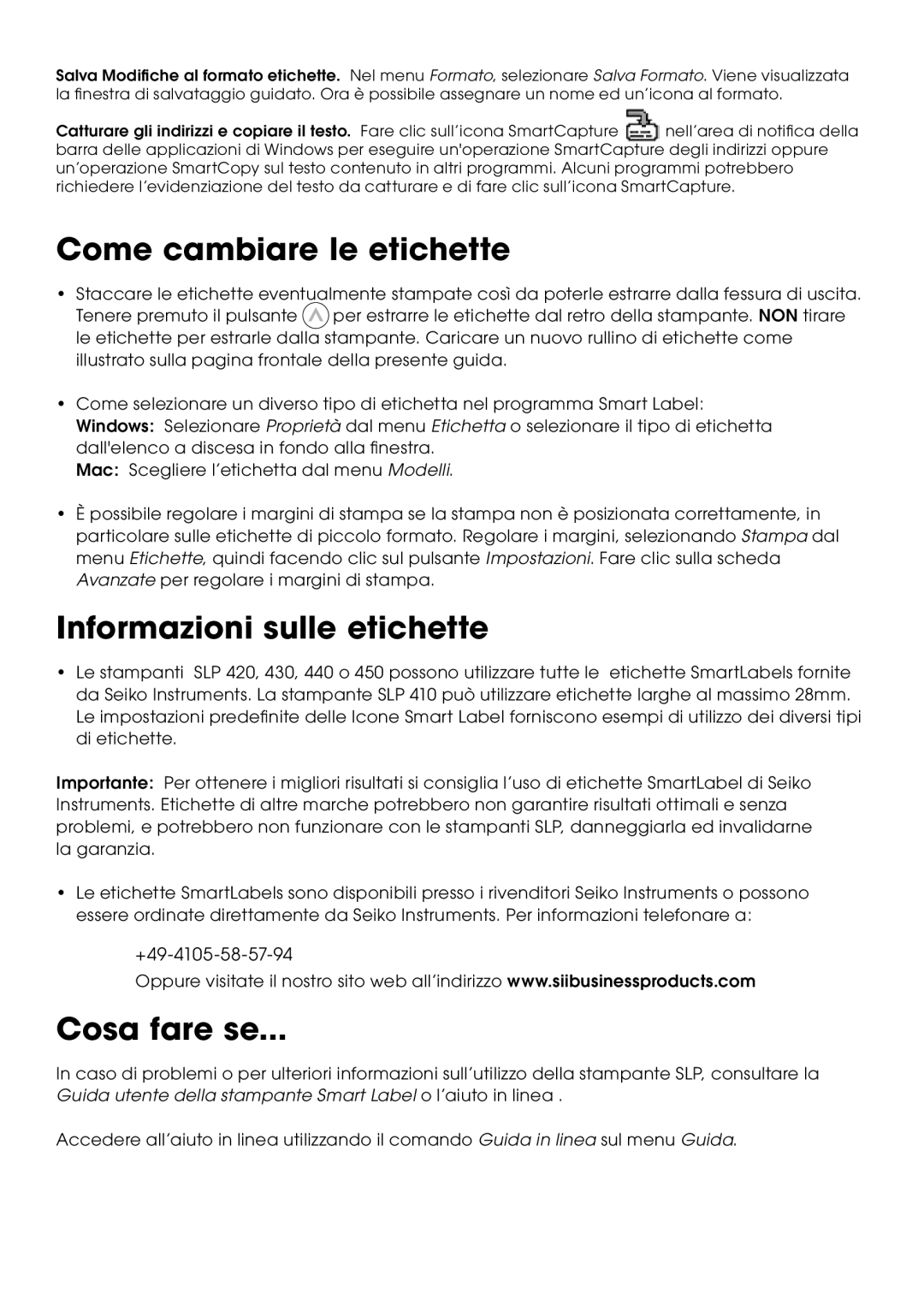 Seiko Instruments SLP 440, SLP 450, SLP 430, SLP 420 Come cambiare le etichette, Informazioni sulle etichette, Cosa fare se 