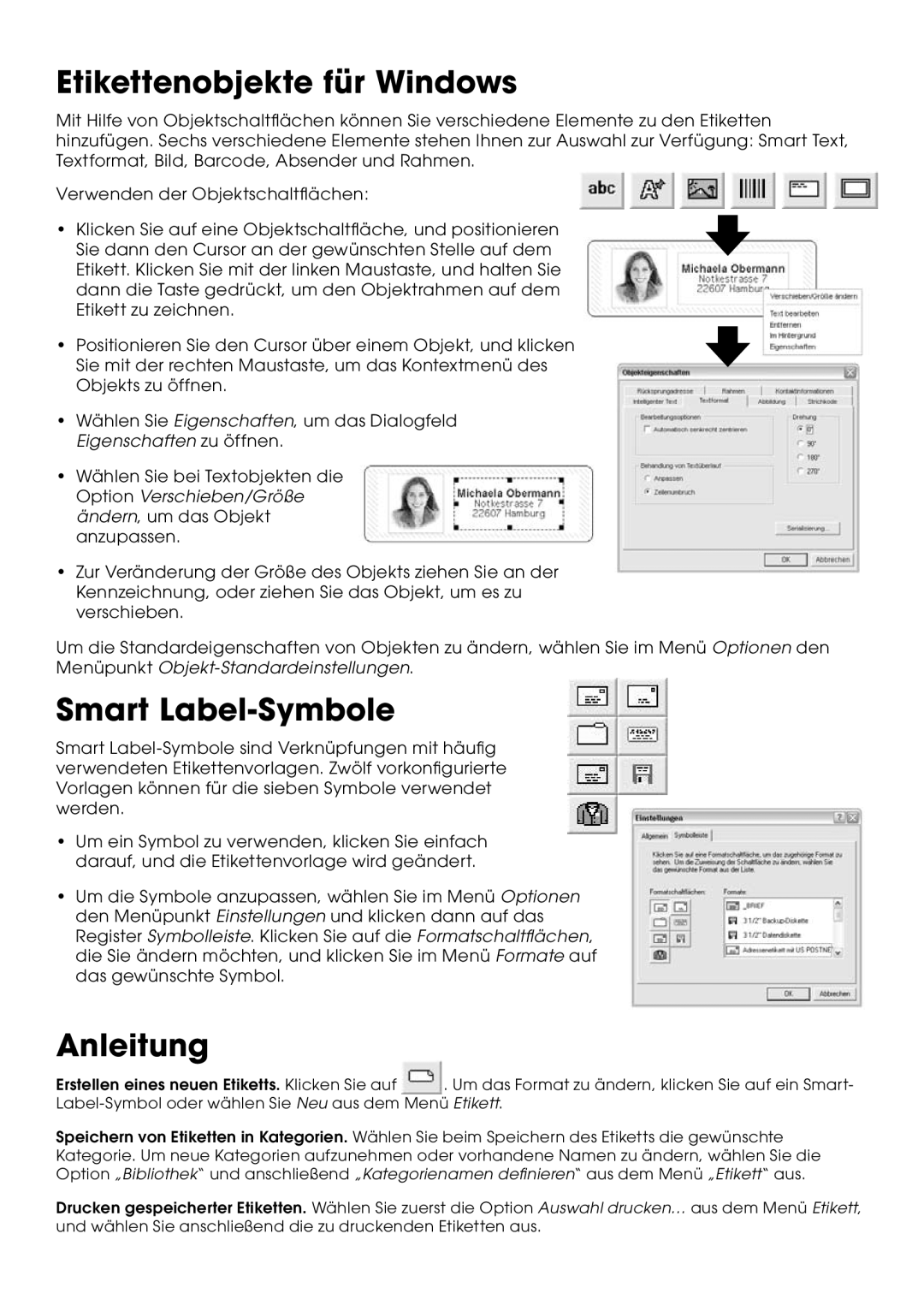 Seiko Instruments SLP 440, SLP 450, SLP 430, SLP 420, SLP 410 quick start Etikettenobjekte für Windows, Smart Label-Symbole 