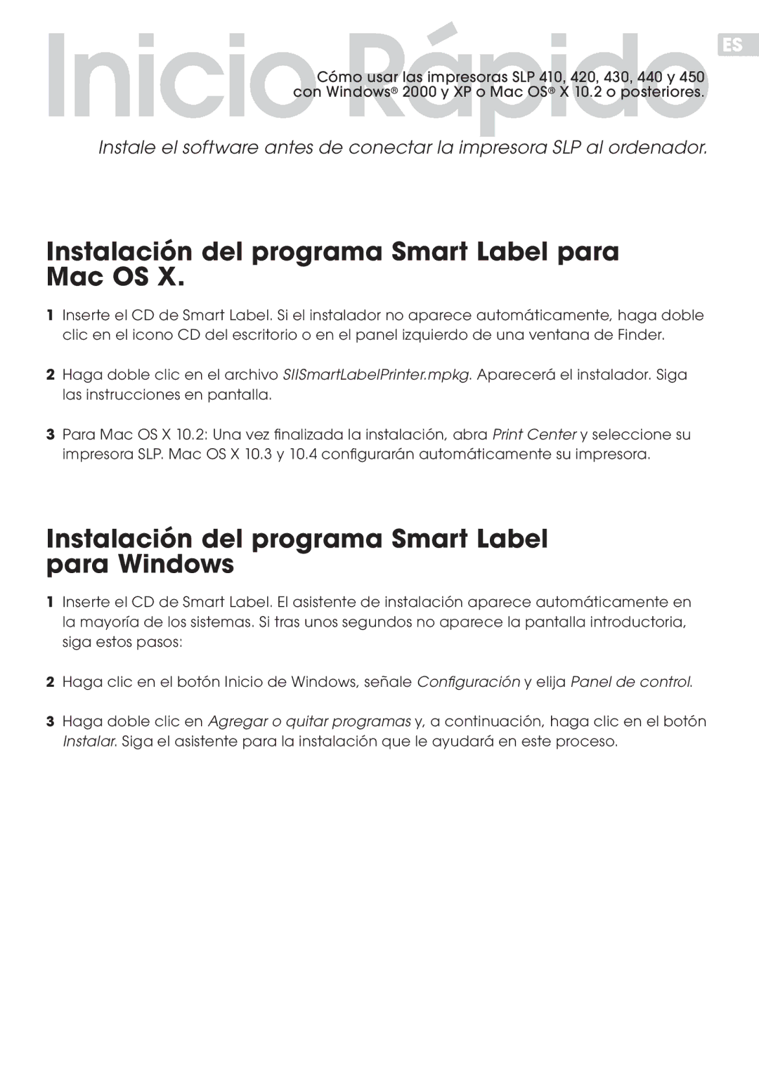 Seiko Instruments SLP 430, SLP 440, SLP 450, SLP 420, SLP 410 quick start Instalación del programa Smart Label para Mac OS 