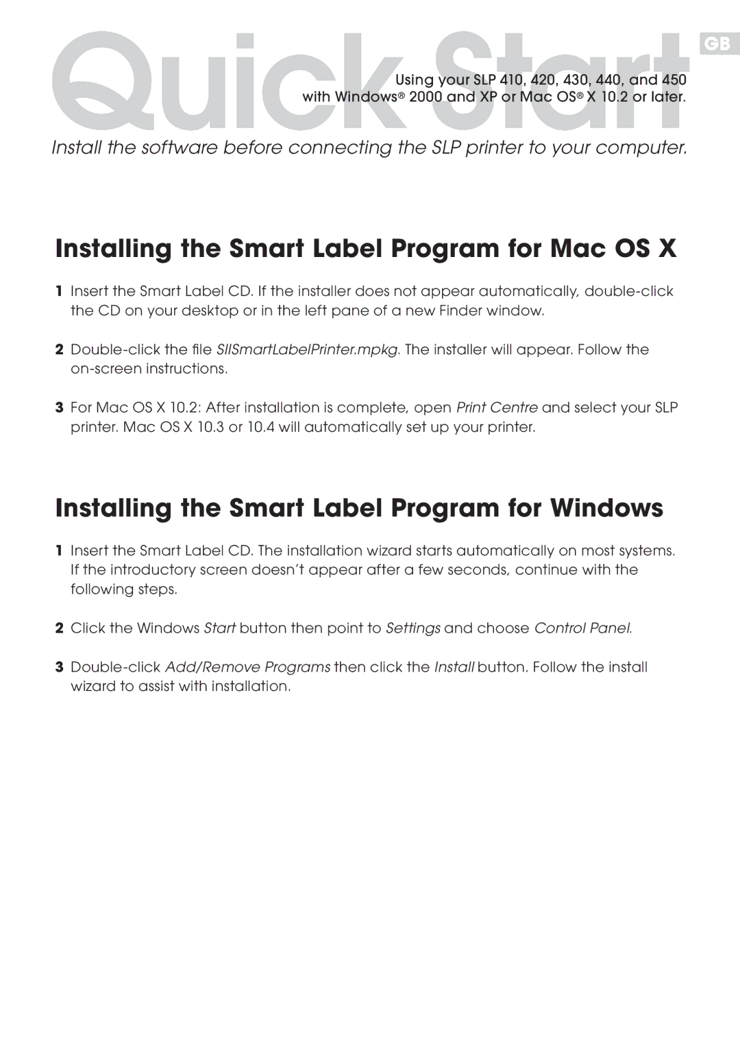 Seiko Instruments SLP 420 Installing the Smart Label Program for Mac OS, Installing the Smart Label Program for Windows 