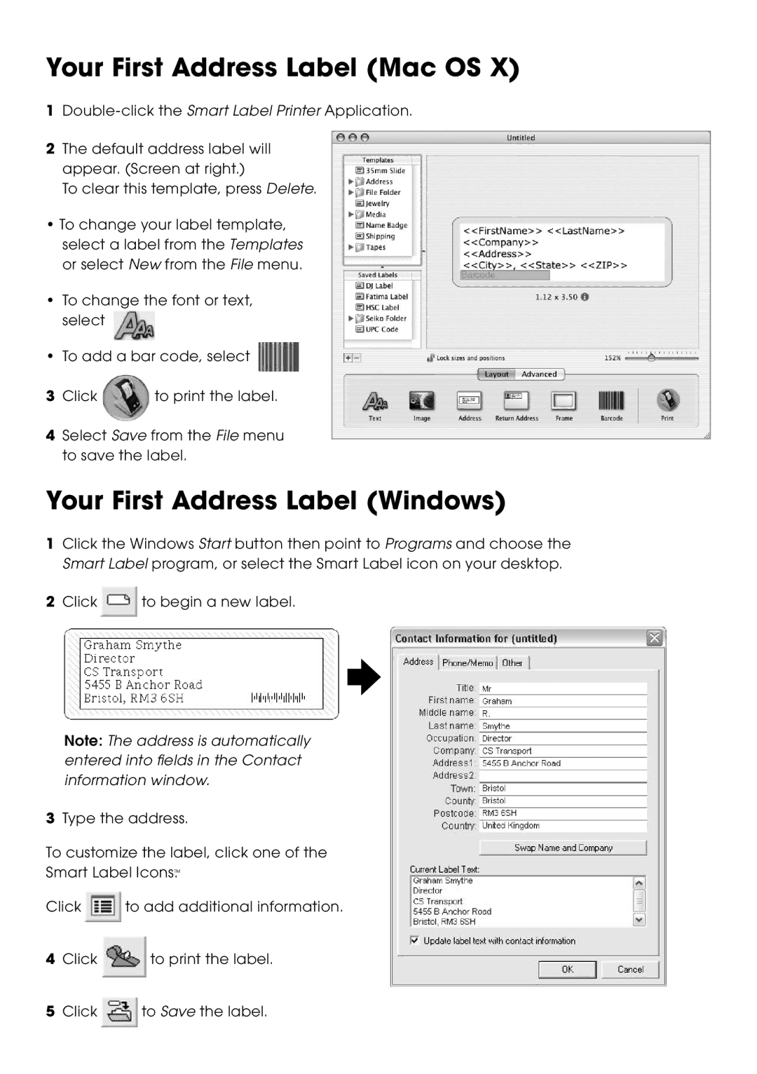 Seiko Instruments SLP 440, SLP 450, SLP 430, SLP 420 Your First Address Label Mac OS, Your First Address Label Windows 