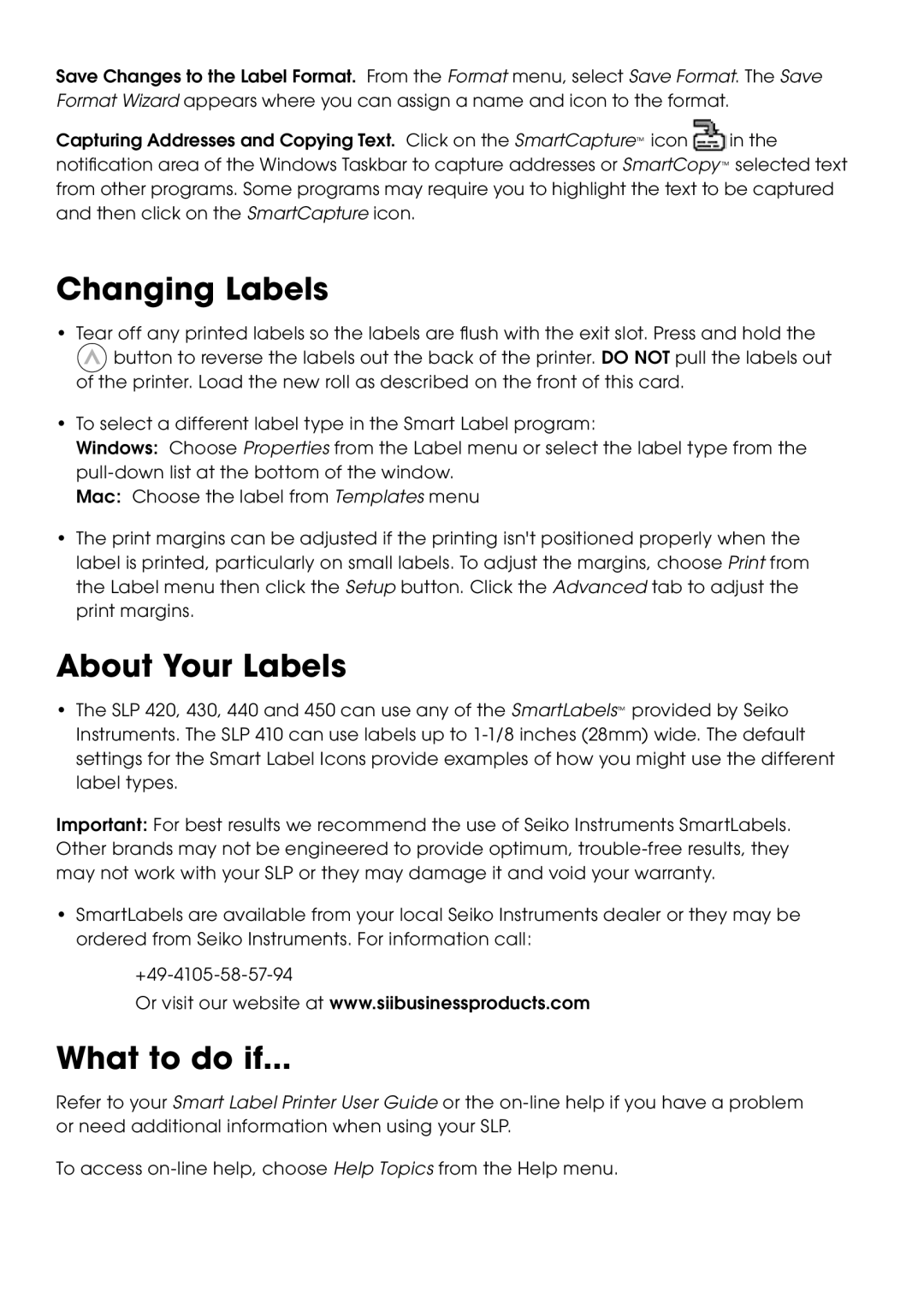 Seiko Instruments SLP 420, SLP 440, SLP 450, SLP 430, SLP 410 quick start Changing Labels, About Your Labels, What to do if 