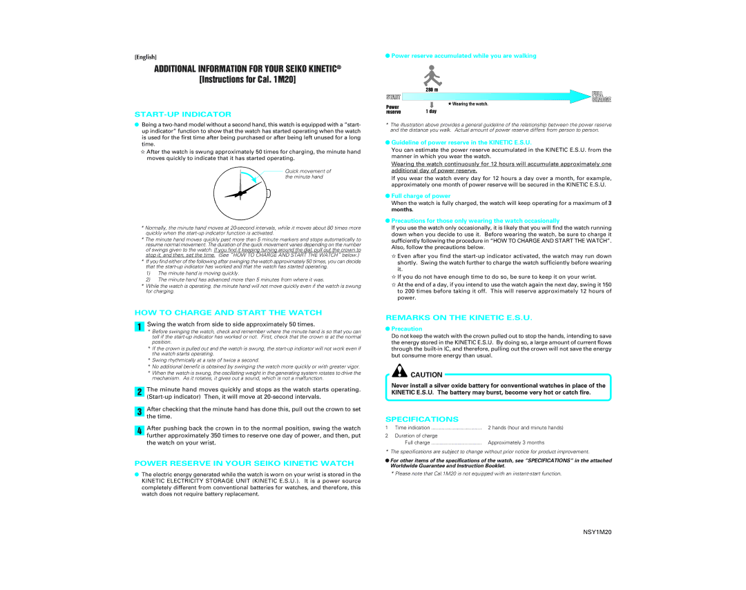 Seiko NSY1M20 specifications START-UP Indicator, HOW to Charge and Start the Watch, Remarks on the Kinetic E.S.U 