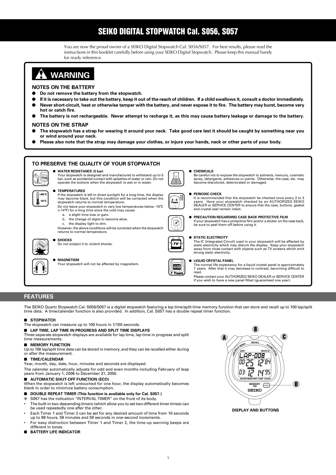 Seiko s056 manual Features 