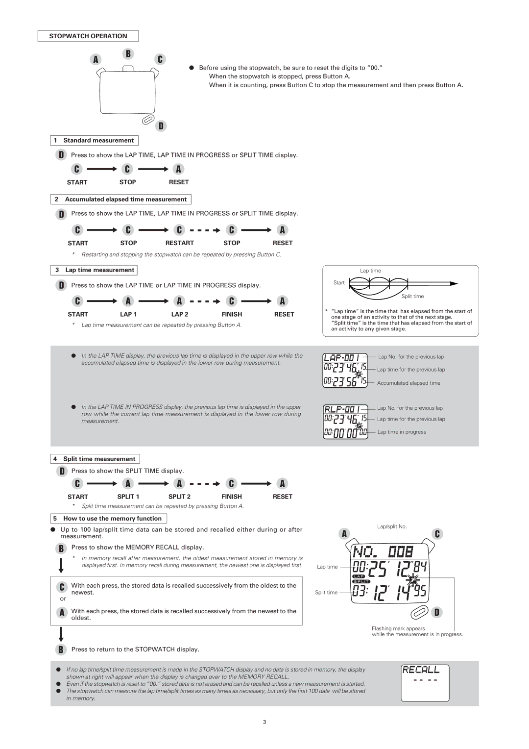 Seiko s056 manual Stopwatch Operation, Start Stop Reset, Start Stop Restart Reset, Start LAP 