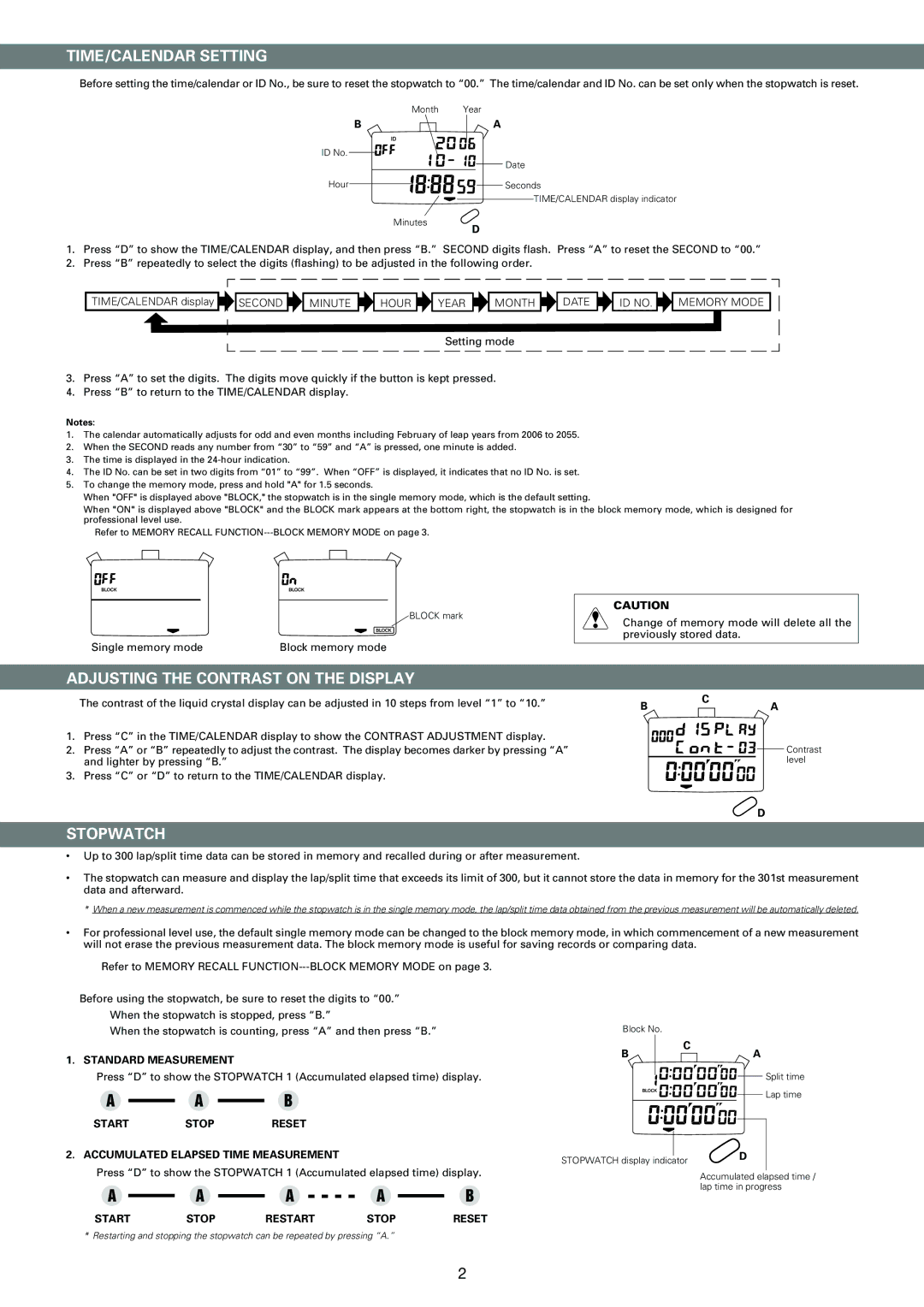 Seiko S141 manual TIME/CALENDAR Setting, Adjusting the Contrast on the Display, Stopwatch 
