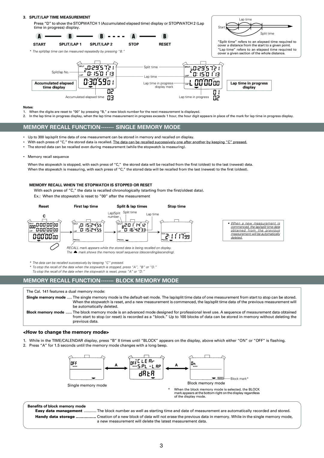 Seiko S141 Memory Recall Function Single Memory Mode, Memory Recall Function Block Memory Mode, SPLIT/LAP Time Measurement 