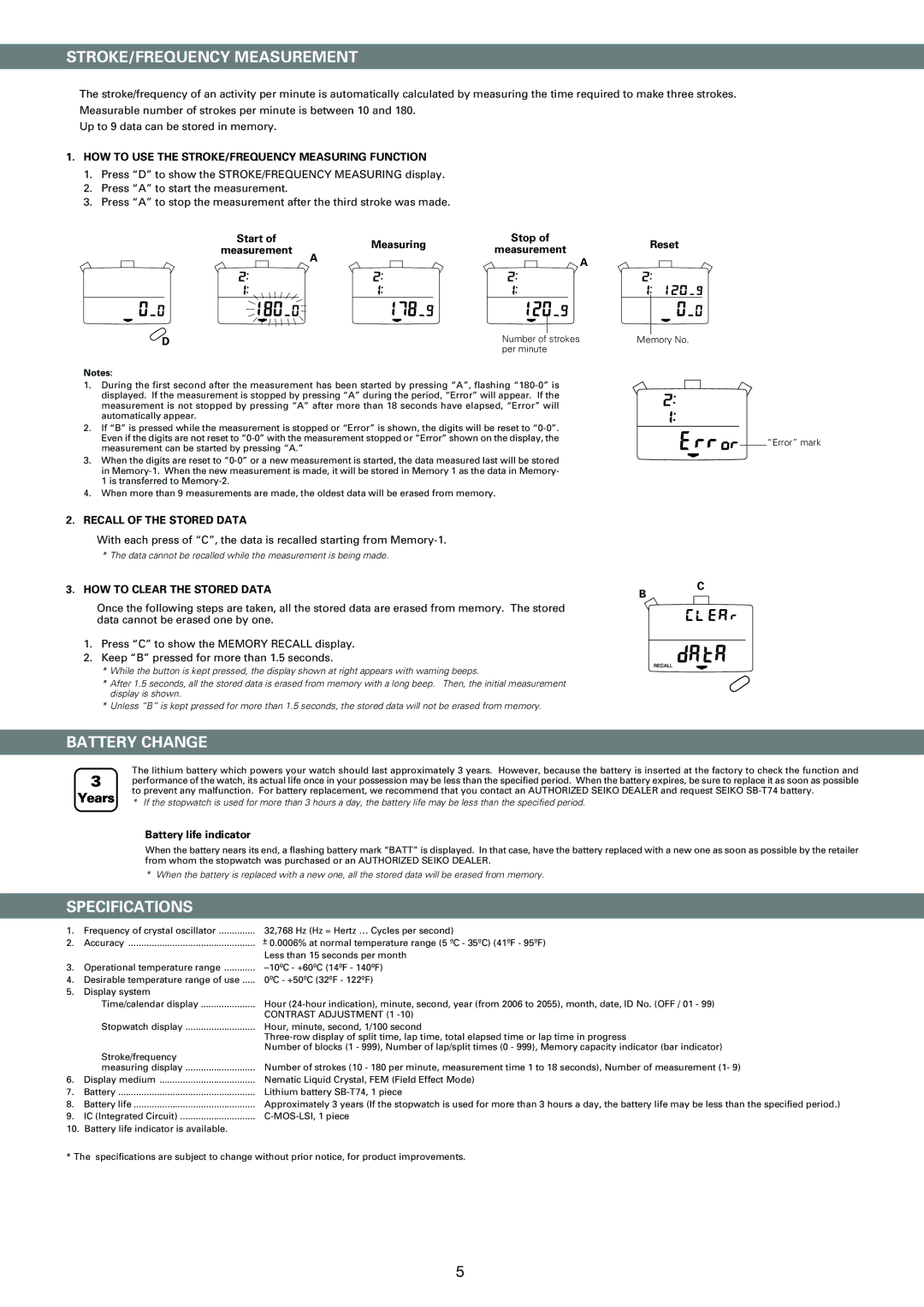 Seiko S141 manual STROKE/FREQUENCY Measurement, Battery Change, Specifications, Recall of the Stored Data 