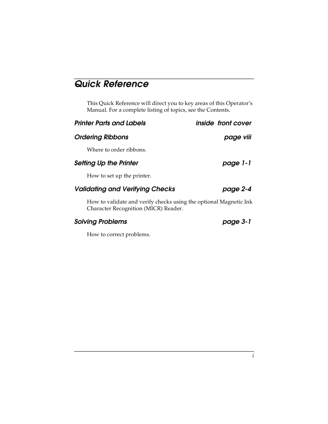 Seiko TM-U590/U590P manual Quick Reference, Setting Up the Printer, Validating and Verifying Checks, Solving Problems 