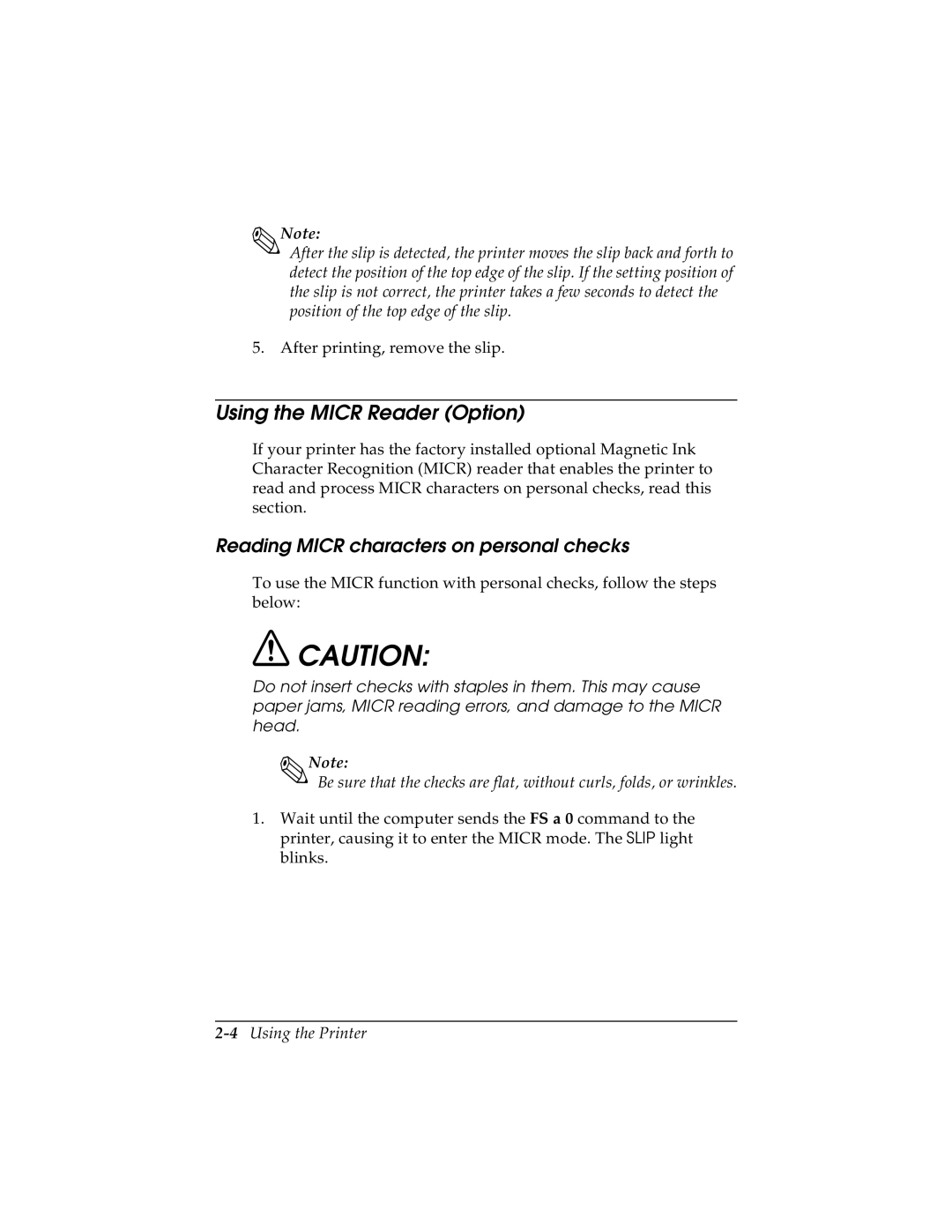 Seiko TM-U590/U590P manual Using the Micr Reader Option, Reading Micr characters on personal checks, 4Using the Printer 