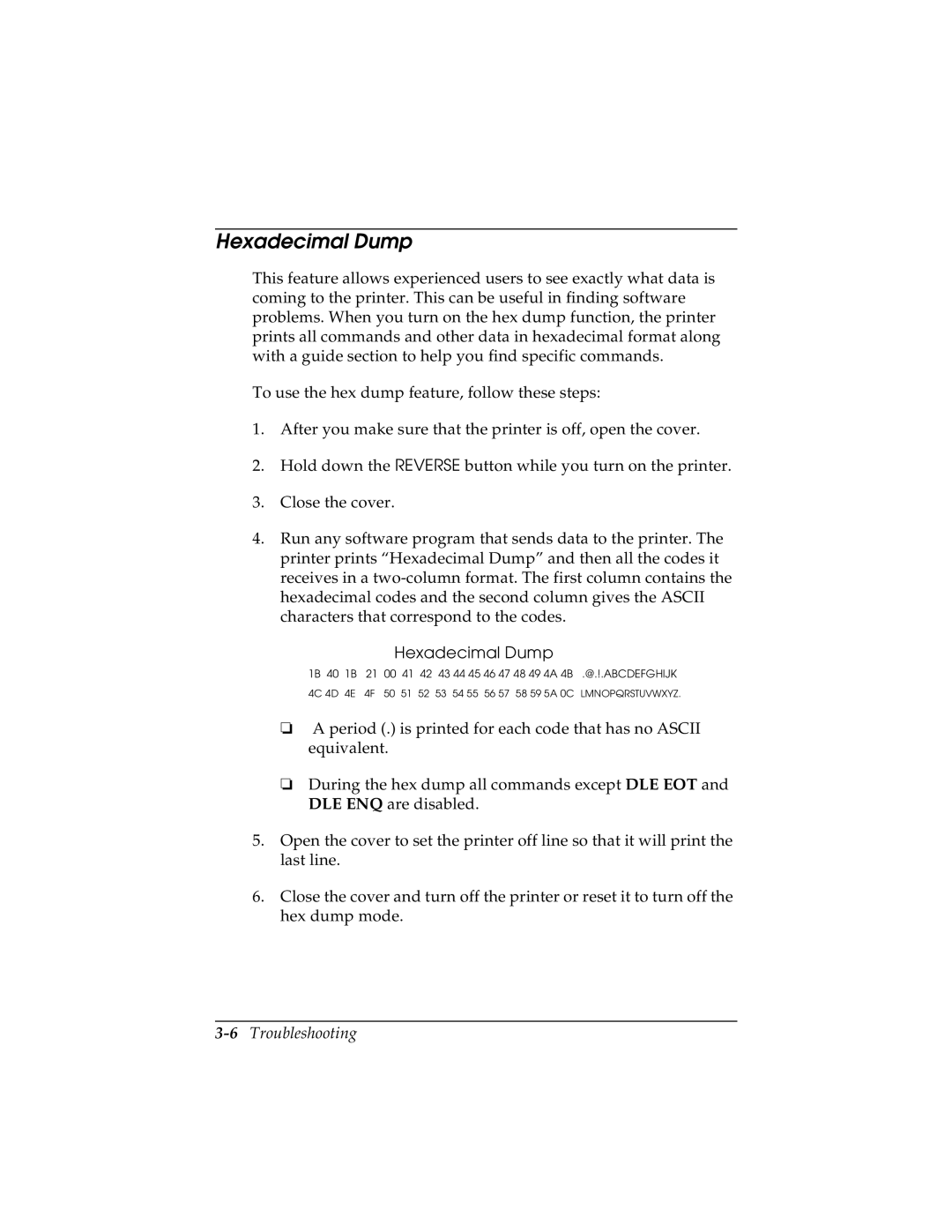 Seiko TM-U590/U590P manual Hexadecimal Dump, 6Troubleshooting 