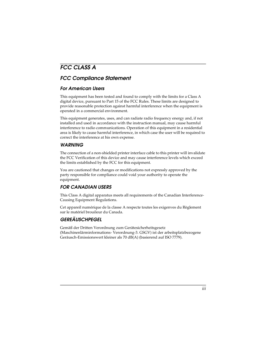 Seiko TM-U590/U590P manual FCC Compliance Statement, For American Users, Iii 