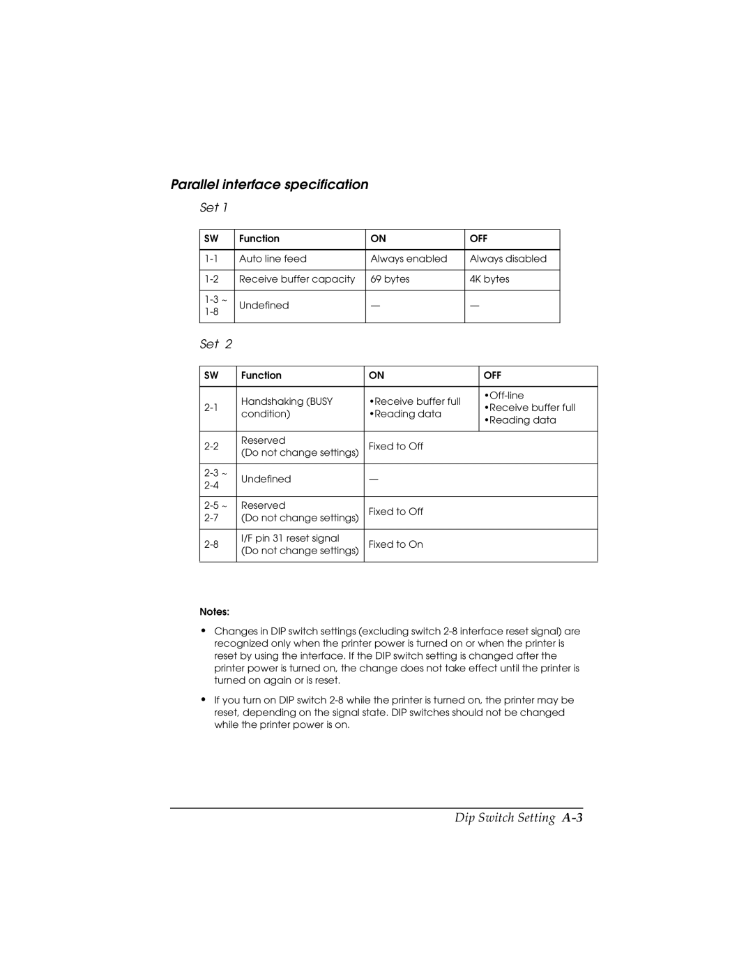 Seiko TM-U590/U590P manual Parallel interface specification, Dip Switch Setting A-3 