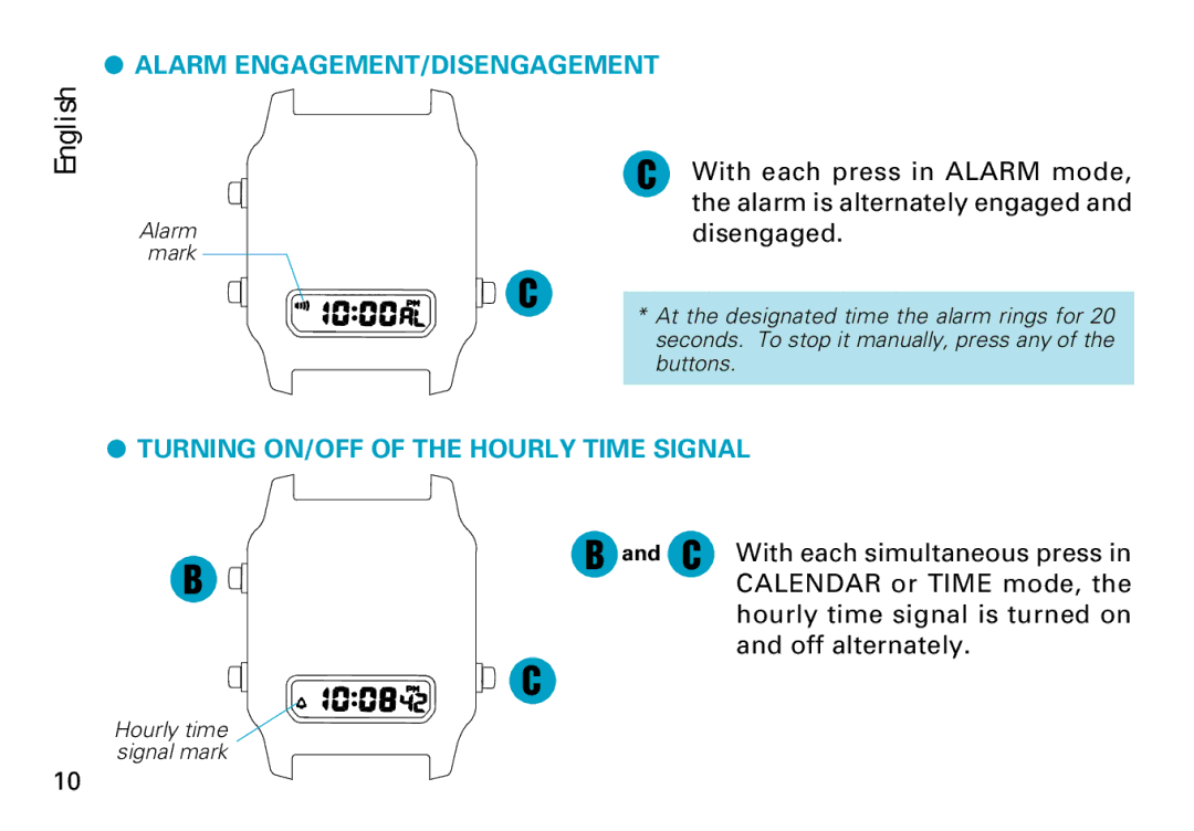 Seiko V072 manual Alarm ENGAGEMENT/DISENGAGEMENT 