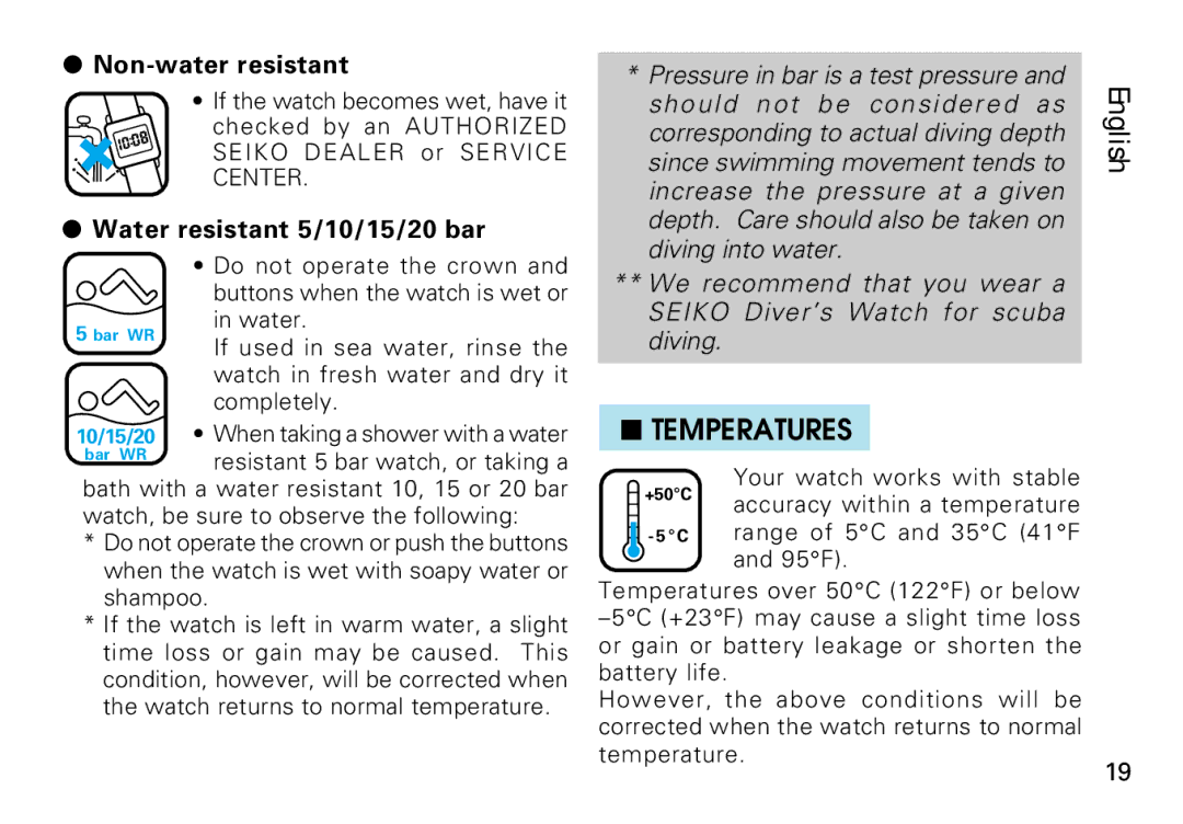 Seiko V072 manual Temperatures, Water resistant 5/10/15/20 bar 