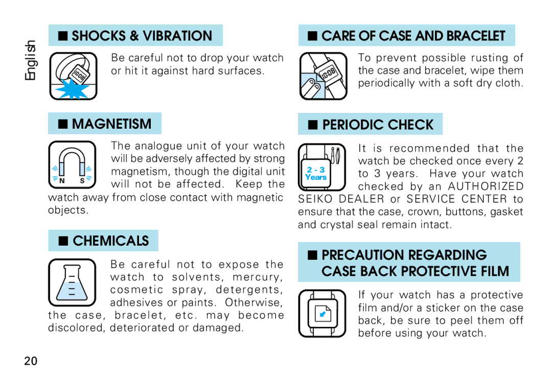 Seiko V072 manual Shocks & Vibration, Magnetism, Chemicals, Care of Case and Bracelet, Periodic Check 