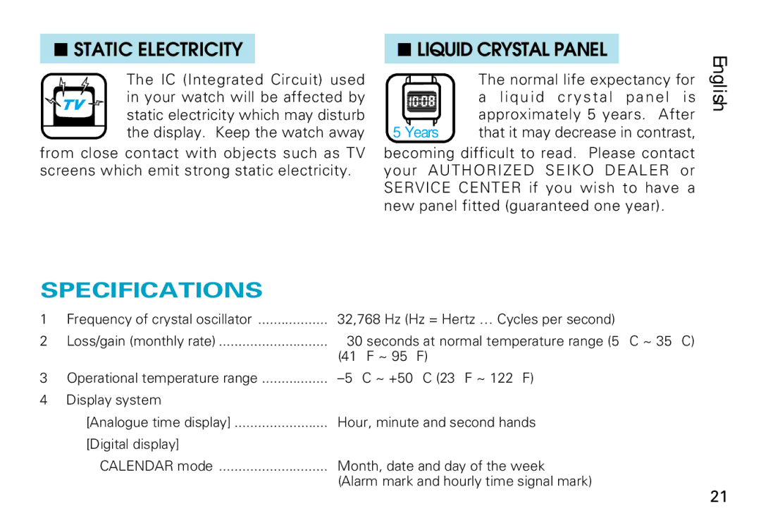 Seiko V072 manual Specifications, Static Electricity, Liquid Crystal Panel 