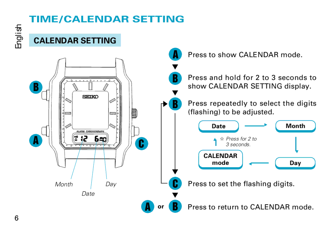 Seiko V072 manual TIME/CALENDAR Setting, Calendar Setting 