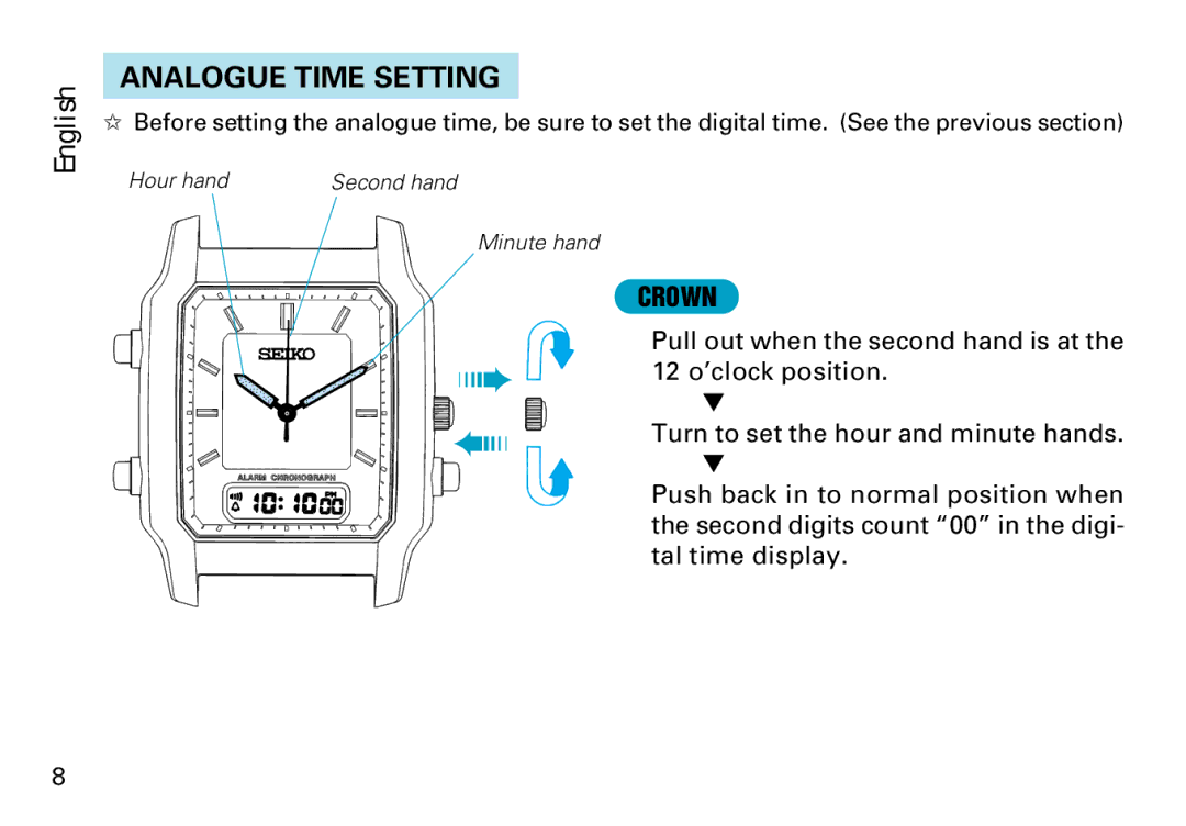 Seiko V072 manual Analogue Time Setting 