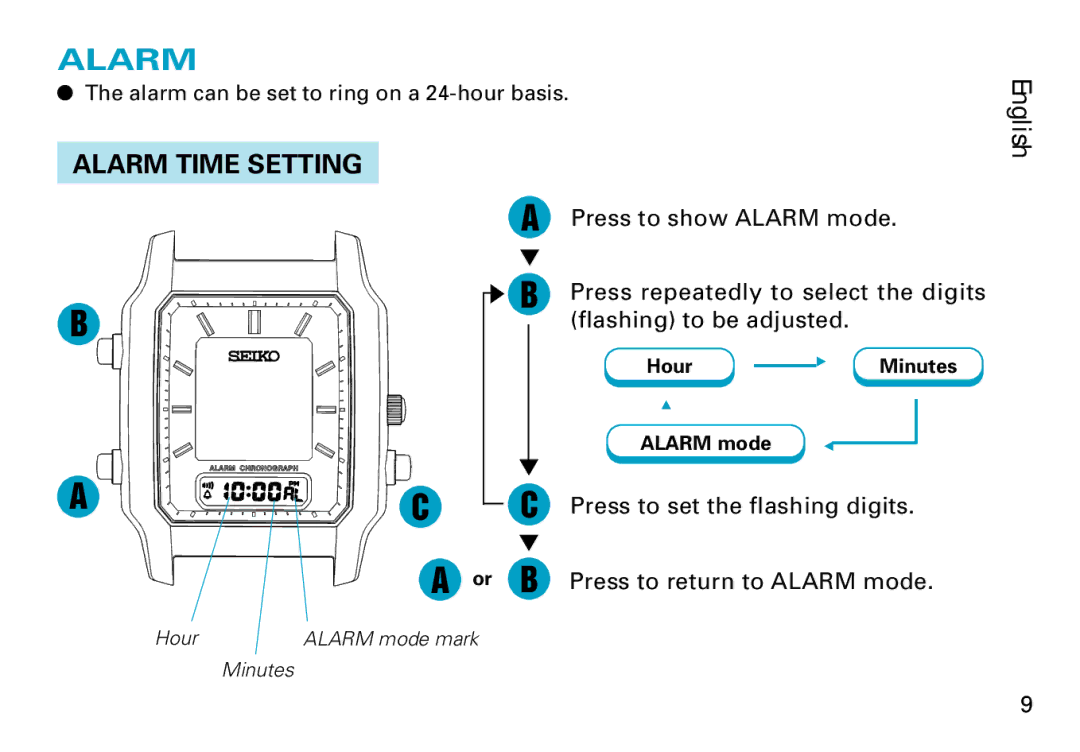 Seiko V072 manual Alarm Time Setting 