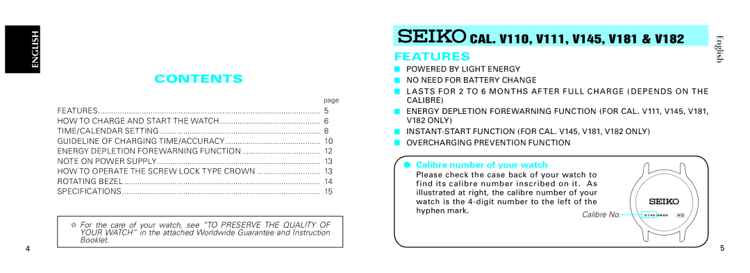 Seiko V145, V181, V110, V111 specifications Contents, Features 