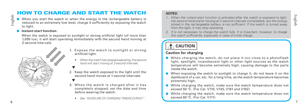 Seiko V110, V181, V145, V111 specifications HOW to Charge and Start the Watch, Instant-start function 