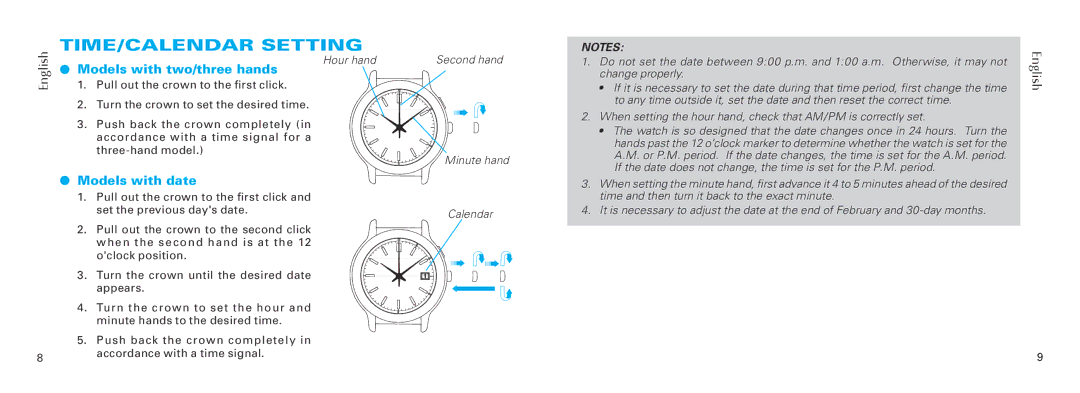 Seiko V111, V181, V145, V110 specifications TIME/CALENDAR Setting, Models with two/three hands, Models with date 