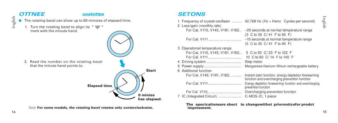 Seiko V110, V181, V145, V111 specifications Rotating Bezel for models with rotating bezel, Specifications 