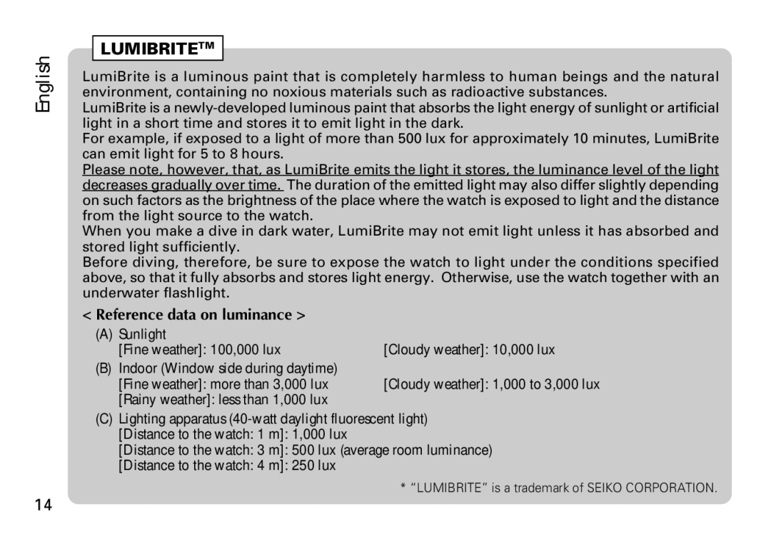 Seiko 7N36, V736, 7C46, 7N85 manual Lumibritetm, Reference data on luminance 