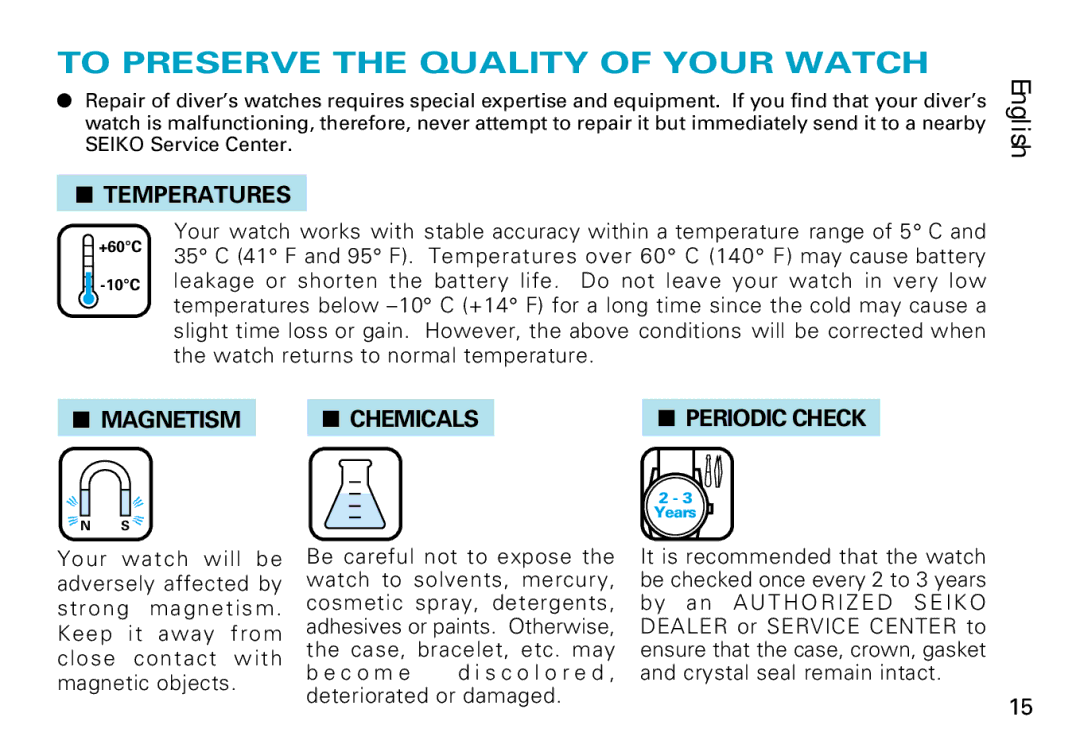 Seiko 7N85, V736, 7C46, 7N36 manual To Preserve the Quality of Your Watch, Temperatures, Magnetism Chemicals Periodic Check 