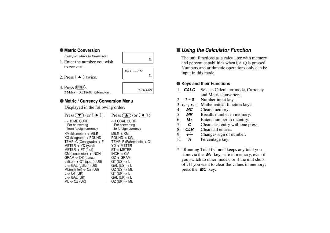 Seiko WP5402R operation manual Using the Calculator Function, Metric Conversion, Keys and their Functions 