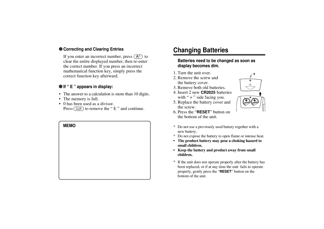 Seiko WP5402R operation manual Changing Batteries, Correcting and Clearing Entries, If E appears in display 