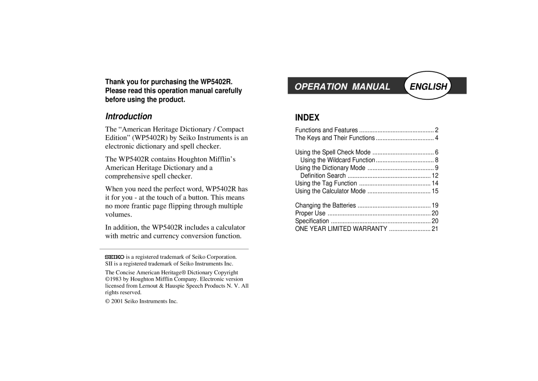 Seiko WP5402R operation manual Introduction, Index 