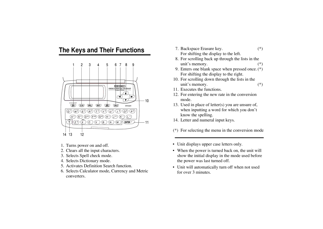 Seiko WP5402R operation manual Keys and Their Functions 