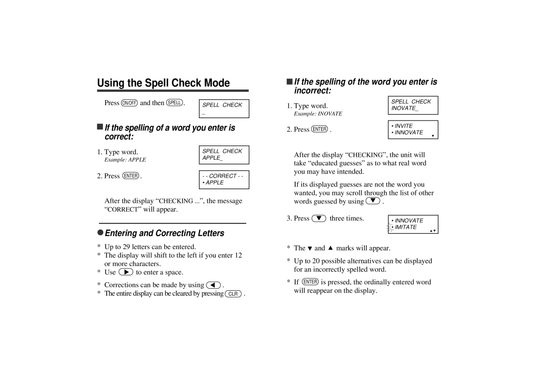 Seiko WP5402R operation manual Using the Spell Check Mode, If the spelling of the word you enter is incorrect 