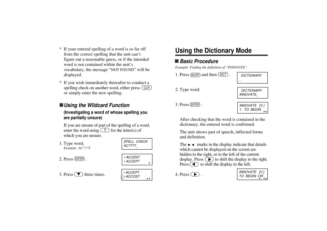 Seiko WP5402R operation manual Using the Dictionary Mode, Basic Procedure, Using the Wildcard Function 