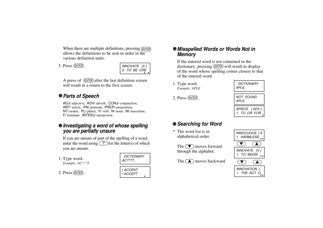 Seiko WP5402R operation manual Misspelled Words or Words Not in Memory, Parts of Speech, Searching for Word 