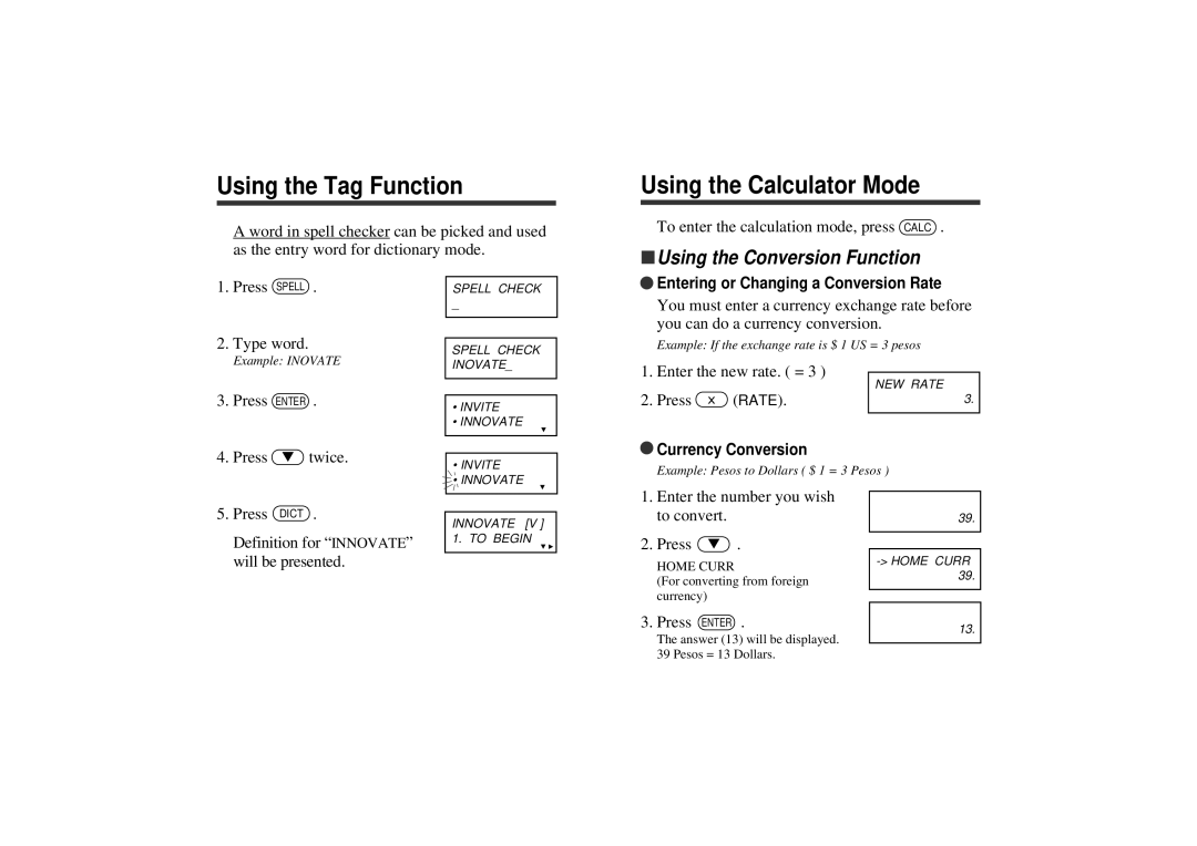 Seiko WP5402R Using the Tag Function, Using the Calculator Mode, Using the Conversion Function, Currency Conversion 