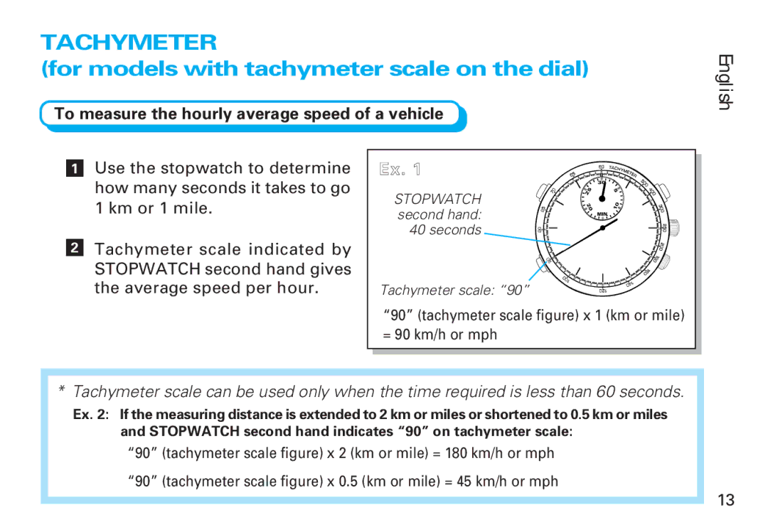 Seiko Y182 manual Tachymeter, To measure the hourly average speed of a vehicle 