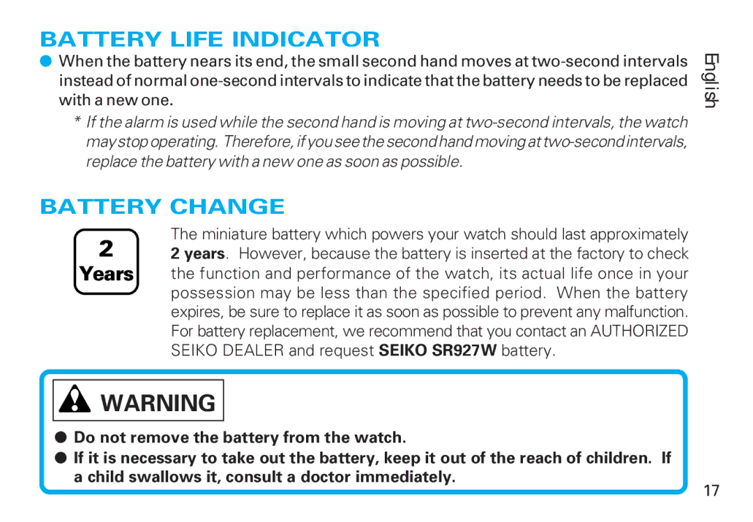 Seiko Y182 manual Battery Life Indicator, Battery Change 