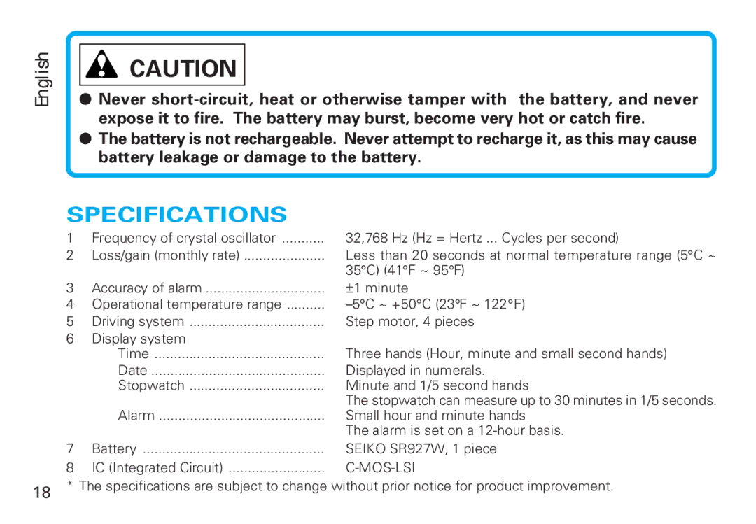 Seiko Y182 manual English 