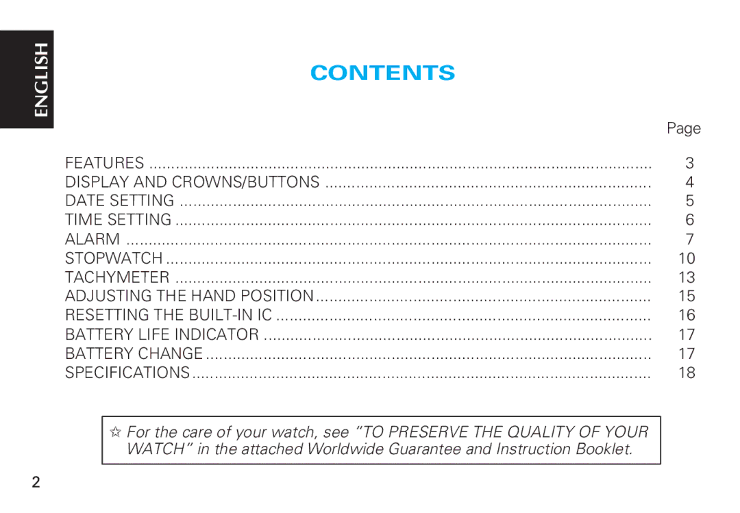 Seiko Y182 manual Contents 