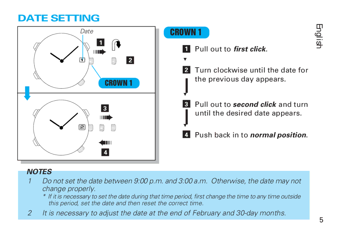 Seiko Y182 manual Date Setting, Crown 