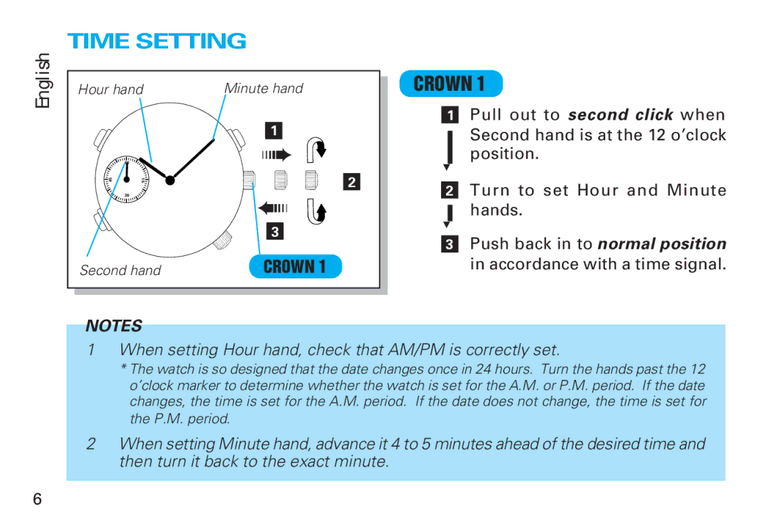 Seiko Y182 manual Time Setting, When setting Hour hand, check that AM/PM is correctly set 