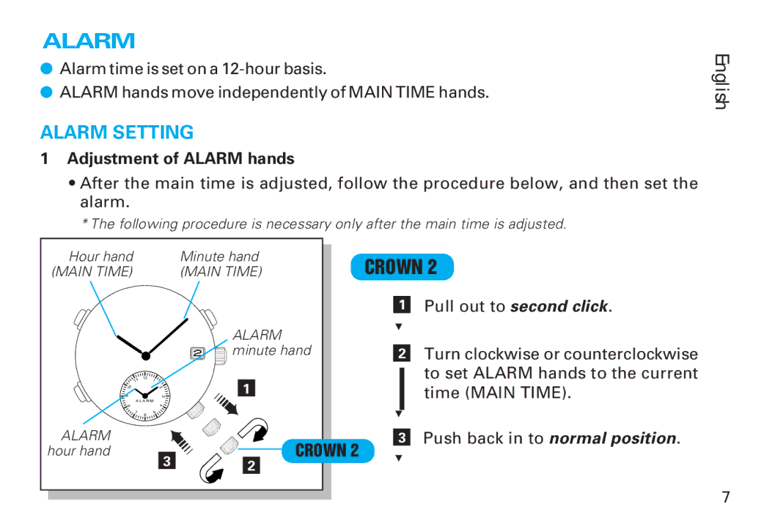 Seiko Y182 manual Adjustment of Alarm hands 